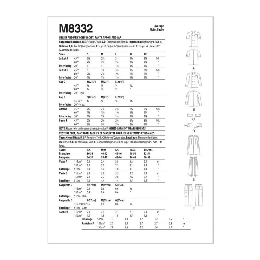 McCalls Sewing Pattern 833211621 Chef Jacket Pants Apron Cap Unisex‎ S-XXL